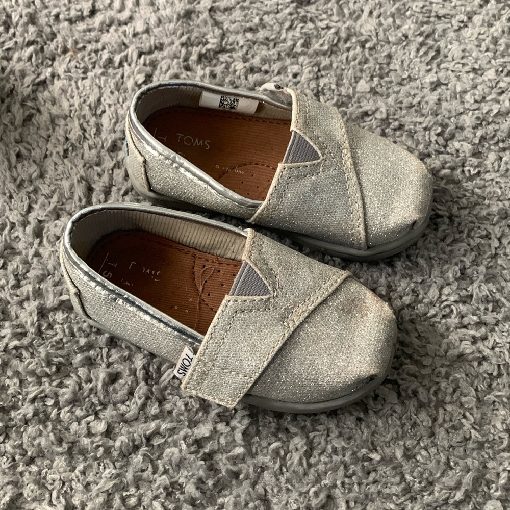 TOMs toddler silver shoes